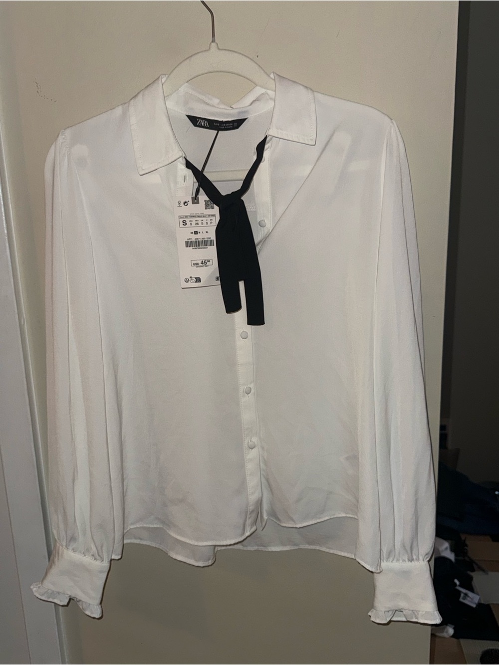 Zara White Blouse with Black Neck Tie